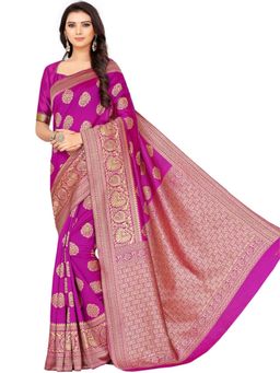 Odette - Women Pink Silk Blend Woven Saree with Unstitched Blouse