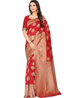 Odette - Women Red Silk Blend Woven Saree with Unstitched Blouse
