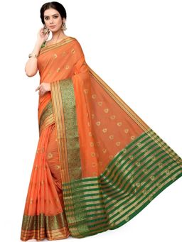 Odette - Women Orange Silk Blend Woven Saree with Unstitched Blouse