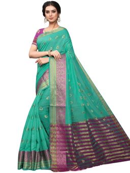 Odette - Women Green Silk Blend Woven Saree with Unstitched Blouse