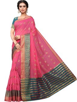 Odette - Women Pink Silk Blend Woven Saree with Unstitched Blouse