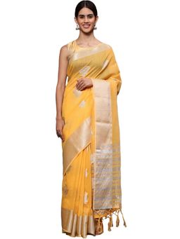 Odette - Women Yellow Silk Blend Woven Saree with Unstitched Blouse