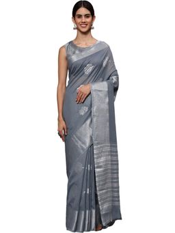 Odette - Women Grey Silk Blend Woven Saree with Unstitched Blouse