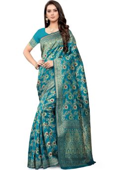 Odette - Women Blue Silk Blend Woven Saree with Unstitched Blouse