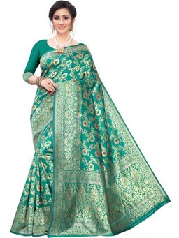Odette - Women Green Silk Blend Woven Saree with Unstitched Blouse