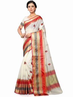 Odette - Women White Silk Blend Woven Saree with Unstitched Blouse