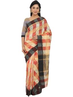 Odette - Women Multi-Color Silk Blend Checks Saree with Unstitched Blouse