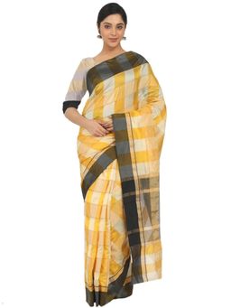 Odette - Women Yellow Silk Blend Checks Saree with Unstitched Blouse