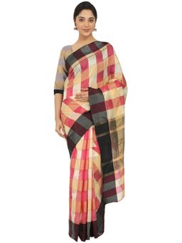 Odette - Women Multi-Color Silk Blend Checks Saree with Unstitched Blouse
