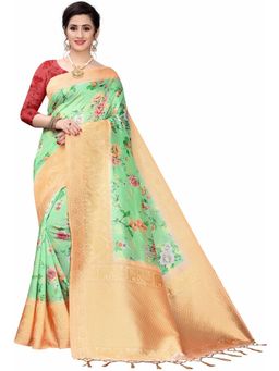Odette - Women Green Silk Blend Floral Saree with Unstitched Blouse