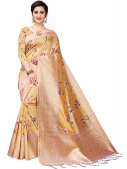 Odette - Women Mustard Silk Blend Floral Saree with Unstitched Blouse