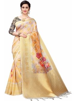 Odette - Women Gold Silk Blend Floral Saree with Unstitched Blouse
