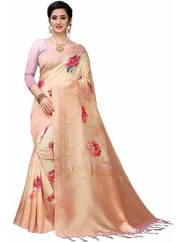 Odette - Women Peach Silk Blend Floral Saree with Unstitched Blouse