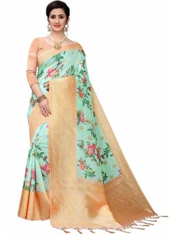Odette - Women Green Silk Blend Floral Saree with Unstitched Blouse