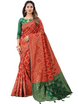 Odette - Women Red Silk Blend Floral Saree with Unstitched Blouse