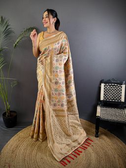 Elora - Cream Floral and Paisley Motifs Banarasi Saree with Unstitched Blouse