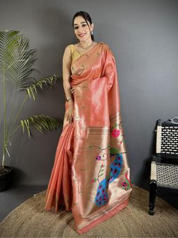 Elora - Light Orange Tissue Peacock and Floral Motifs Saree with Unstitched Blouse