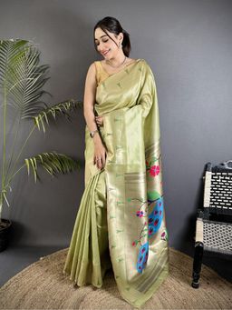 Elora - Pista Green Tissue Peacock and Floral Motifs Saree with Unstitched Blouse