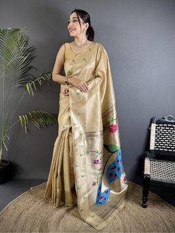 Elora - Ivory Tissue Peacock and Floral Motifs Saree with Unstitched Blouse