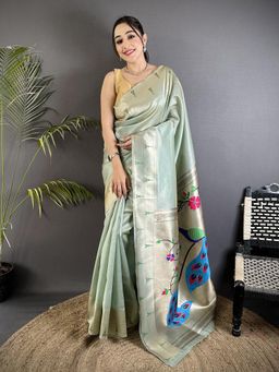 Elora - Pale Blue Tissue Peacock and Floral Motifs Saree with Unstitched Blouse