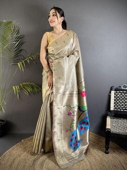 Elora - Grey Tissue Peacock and Floral Motifs Saree with Unstitched Blouse