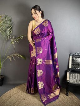 Elora - Purple Soft Silk Mofits Zari Weaving Banarasi Saree with Unstitched Blouse