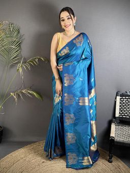 Elora - Blue Soft Silk Mofits Zari Weaving Banarasi Saree with Unstitched Blouse