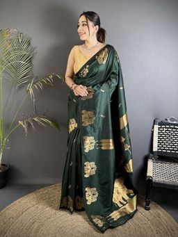Elora - Bottle Green Soft Silk Mofits Zari Weaving Banarasi Saree with Unstitched Blouse