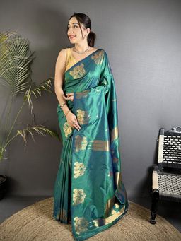 Elora - Dark Teal Soft Silk Mofits Zari Weaving Banarasi Saree with Unstitched Blouse