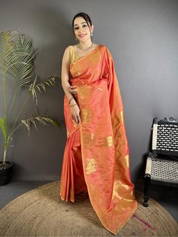 Elora - Orange Soft Silk Mofits Zari Weaving Banarasi Saree with Unstitched Blouse