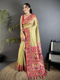 Elora - Golden Beige Tissue Zari Weaving Minakari Paithani Saree with Unstitched Blouse