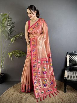 Elora - Dark Peach Tissue Zari Weaving Minakari Work Paithani Saree with Unstitched Blouse