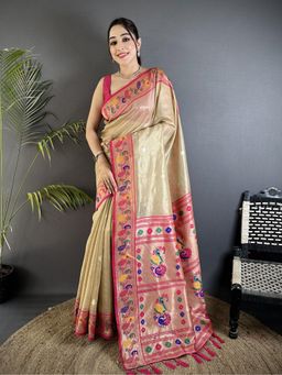 Elora - Beige Tissue Zari Weaving Minakari Work Paithani Saree with Unstitched Blouse
