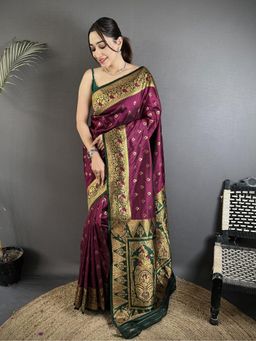 Elora - Wine Soft Silk Intricate Motifs Zari Weaving Banarasi Saree with Unstitched Blouse