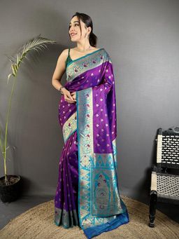 Elora - Purple Soft Silk Motifs Zari Weaving Banarasi Saree with Unstitched Blouse
