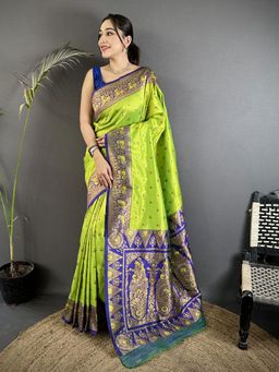 Elora - Green Soft Silk Intricate Motifs Zari Weaving Banarasi Saree with Unstitched Blouse