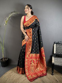 Elora - Black Soft Silk Intricate Motifs Zari Weaving Banarasi Saree with Unstitched Blouse