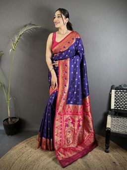 Elora - Royal Blue Soft Silk Motifs Zari Weaving Banarasi Saree with Unstitched Blouse