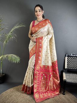 Elora - Off White Soft Silk Motifs Zari Weaving Banarasi Saree with Unstitched Blouse