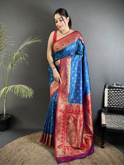 Elora - Blue Soft Silk Motifs Zari Weaving Banarasi Saree with Unstitched Blouse