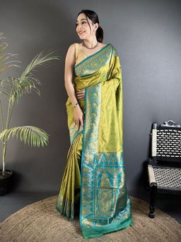 Elora - Pista Green Soft Silk Motifs Zari Weaving Banarasi Saree with Unstitched Blouse