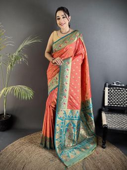 Elora - Coral Pink Soft Silk Motifs Zari Weaving Banarasi Saree with Unstitched Blouse