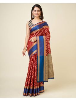 Elora - Red Silk Woven Design Jacquard Weaving Kanchipuram Saree with Unstitched Blouse