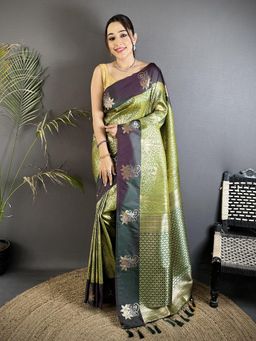 Elora - Olive Green Soft Silk Dharmavaram Saree with Unstitched Blouse
