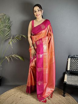 Elora - Orange Soft Silk Rose Gold Zari Weaving Dharmavaram Saree with Unstitched Blouse