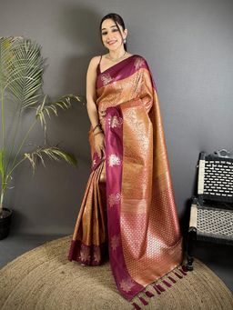 Elora - Orange Soft Silk Rose Gold Zari Weaving Dharmavaram Saree with Unstitched Blouse