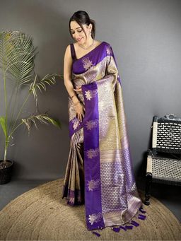 Elora - Purple Soft Silk Rose Gold Zari Weaving Dharmavaram Saree with Unstitched Blouse