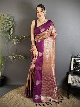 Elora - Wine Soft Silk Rose Gold Zari Weaving Dharmavaram Saree with Unstitched Blouse