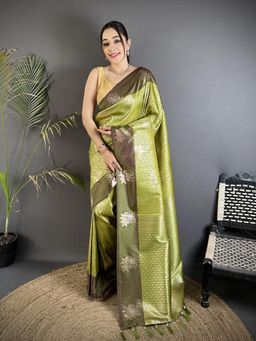 Elora - Dusty Green Soft Silk Rose Gold Dharmavaram Saree with Unstitched Blouse
