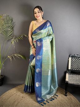 Elora - Pista Green Soft Silk Rose Gold Dharmavaram Saree with Unstitched Blouse